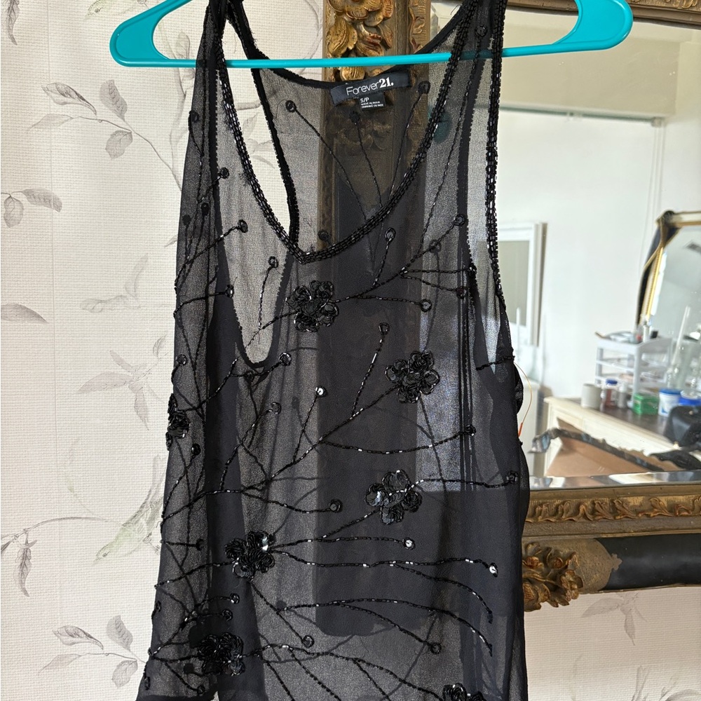 Forever 21 Black Sheer Floral Embellished Tank